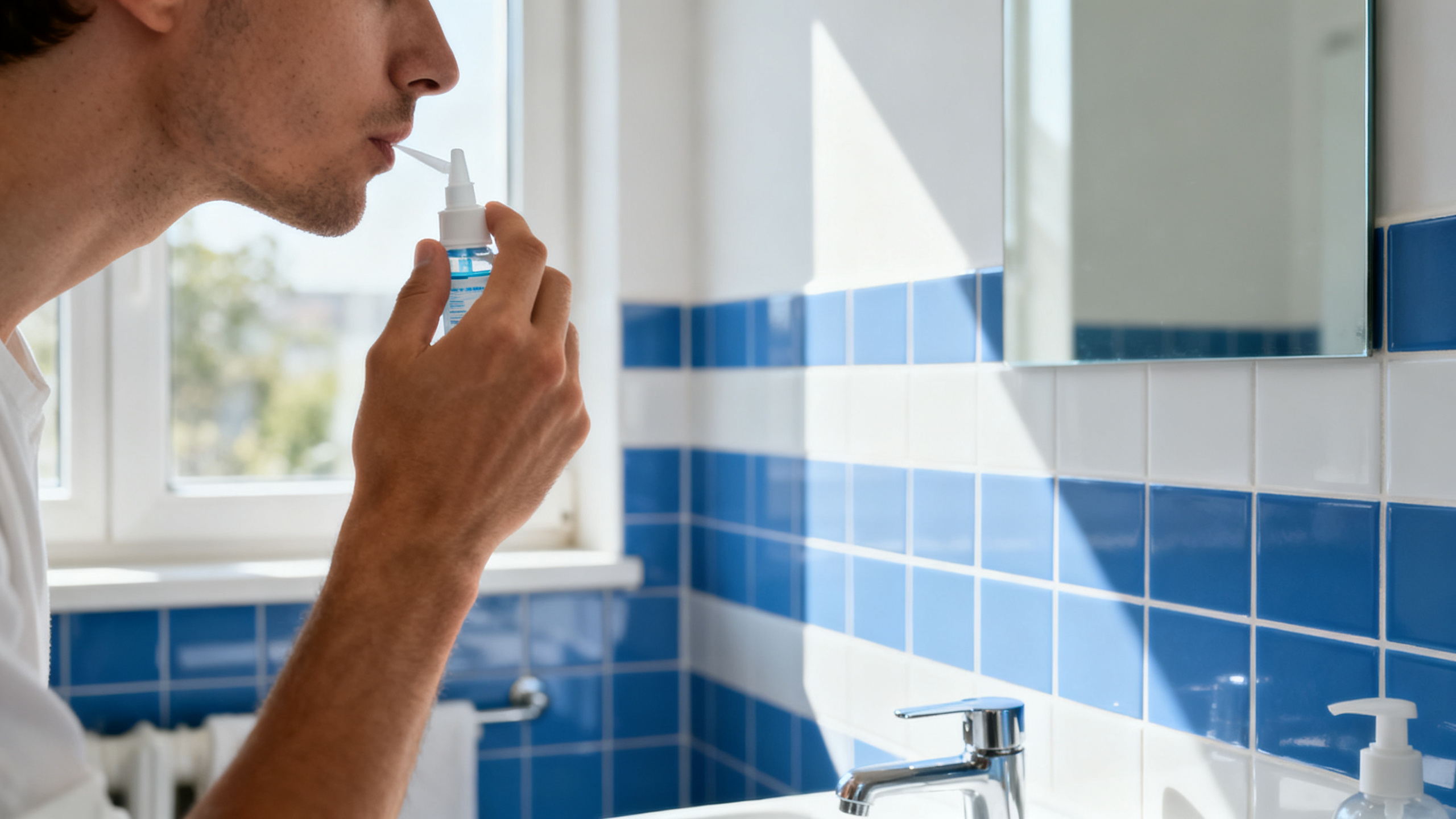 Personne réalisant un lavage nasal salin avec spray dans la salle de bain