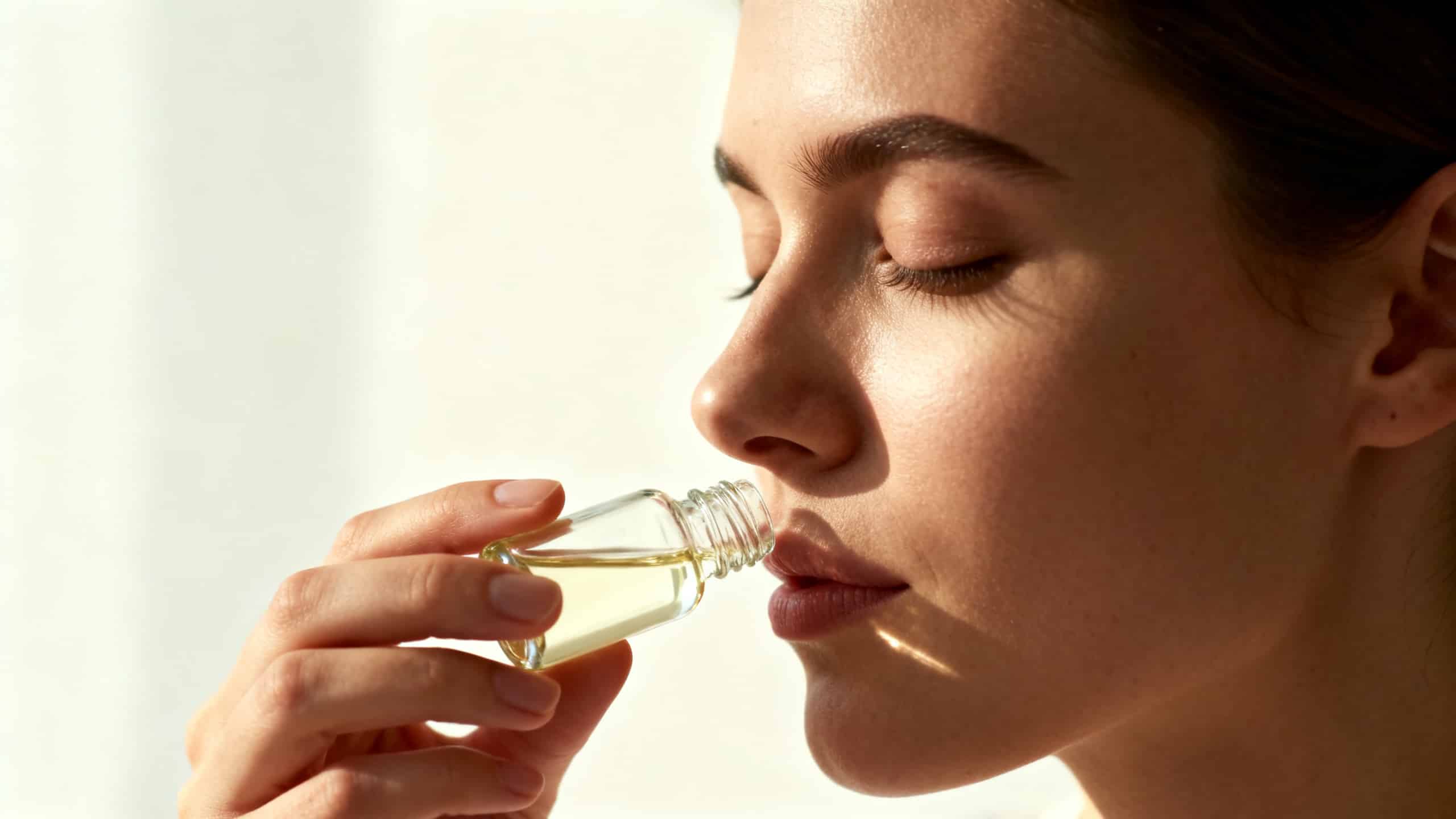 Femme pratiquant la rééducation olfactive, nez penché sur un flacon d huile essentielle
