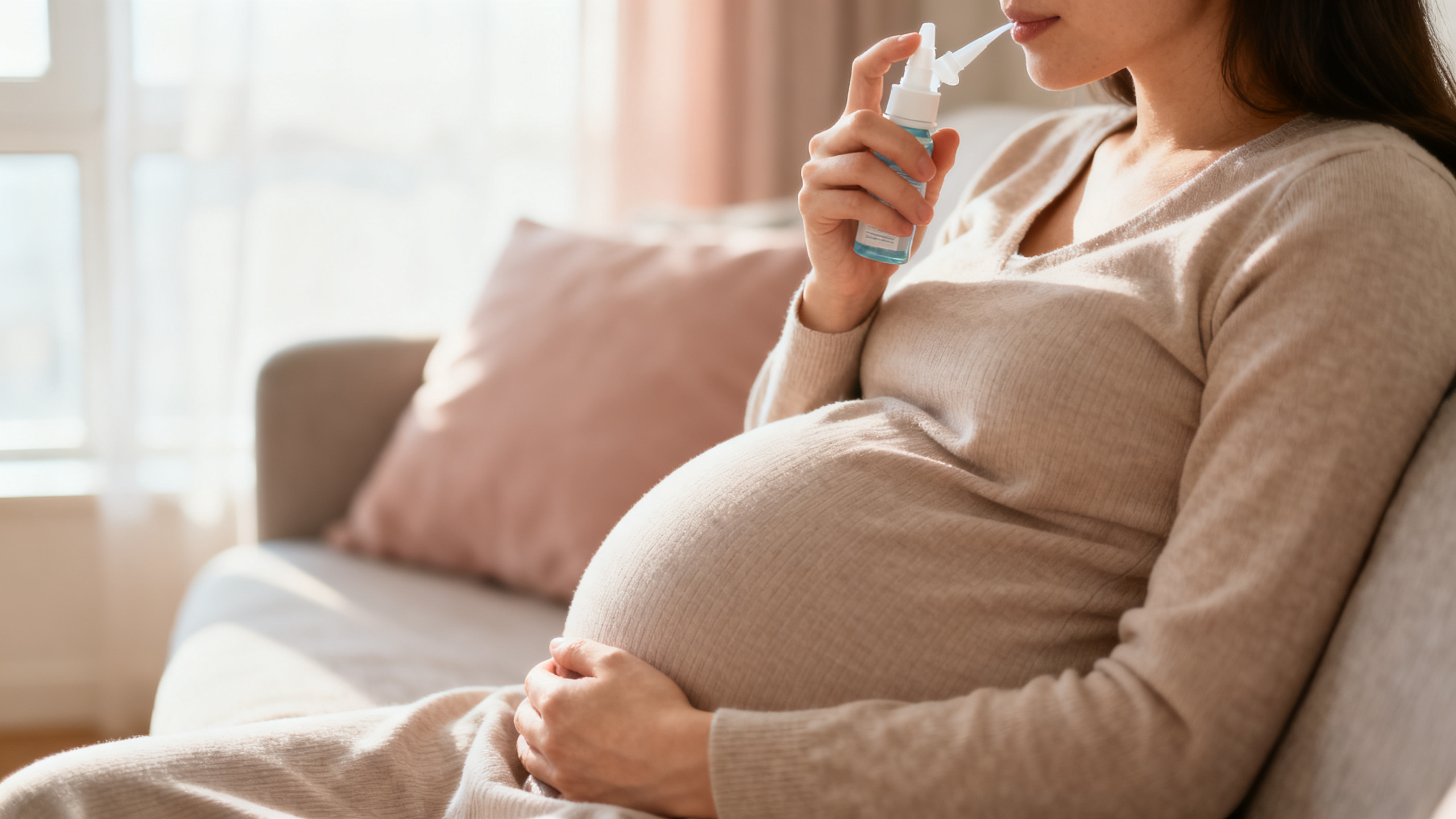 Femme enceinte qui utilise un spray nasal pour soulager la rhinite de grossesse