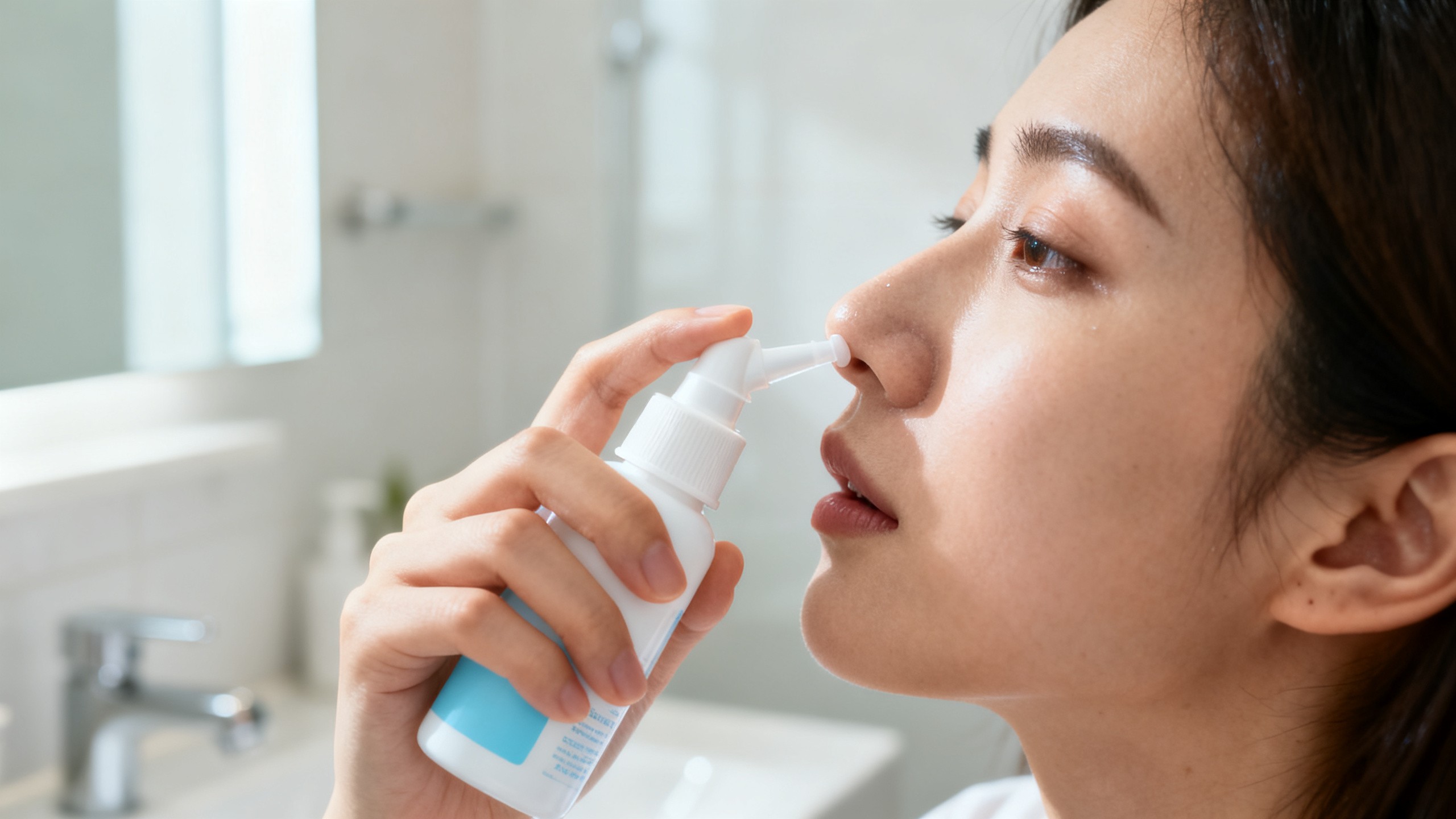 Personne utilisant un spray nasal isotonique pour soulager un rhume