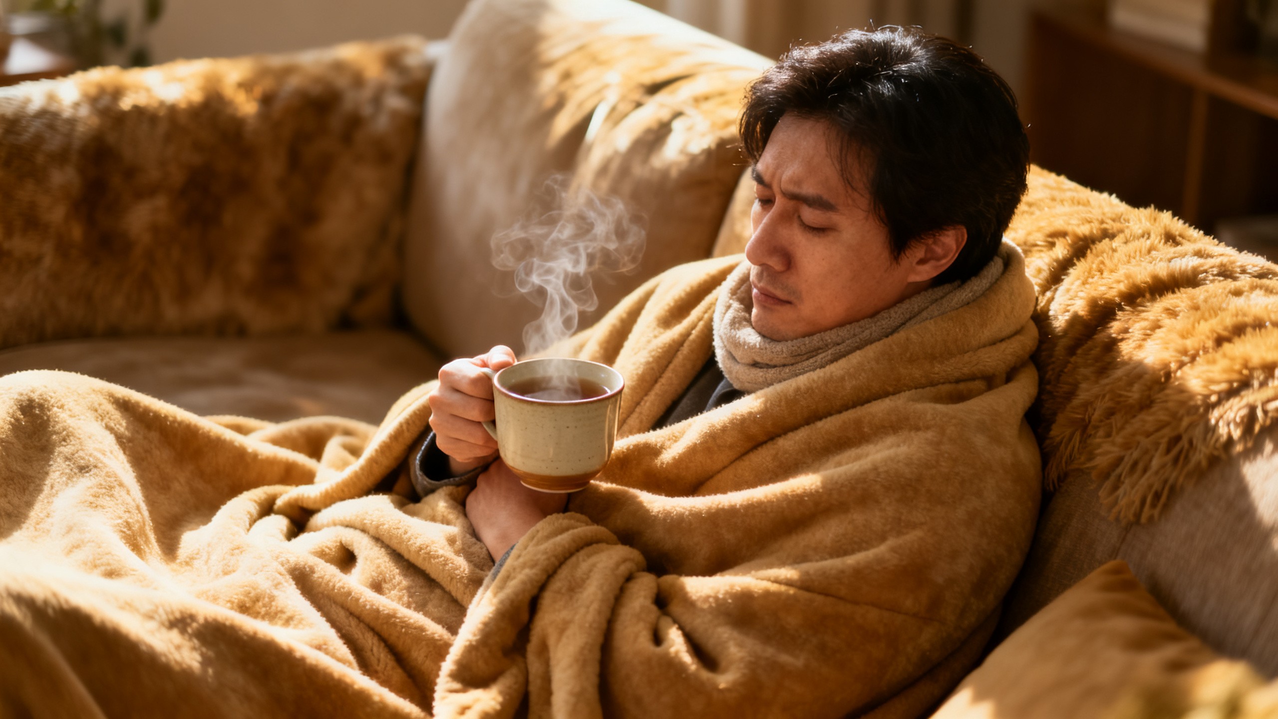 Personne au repos sous un plaid avec une tasse de tisane pendant un rhume