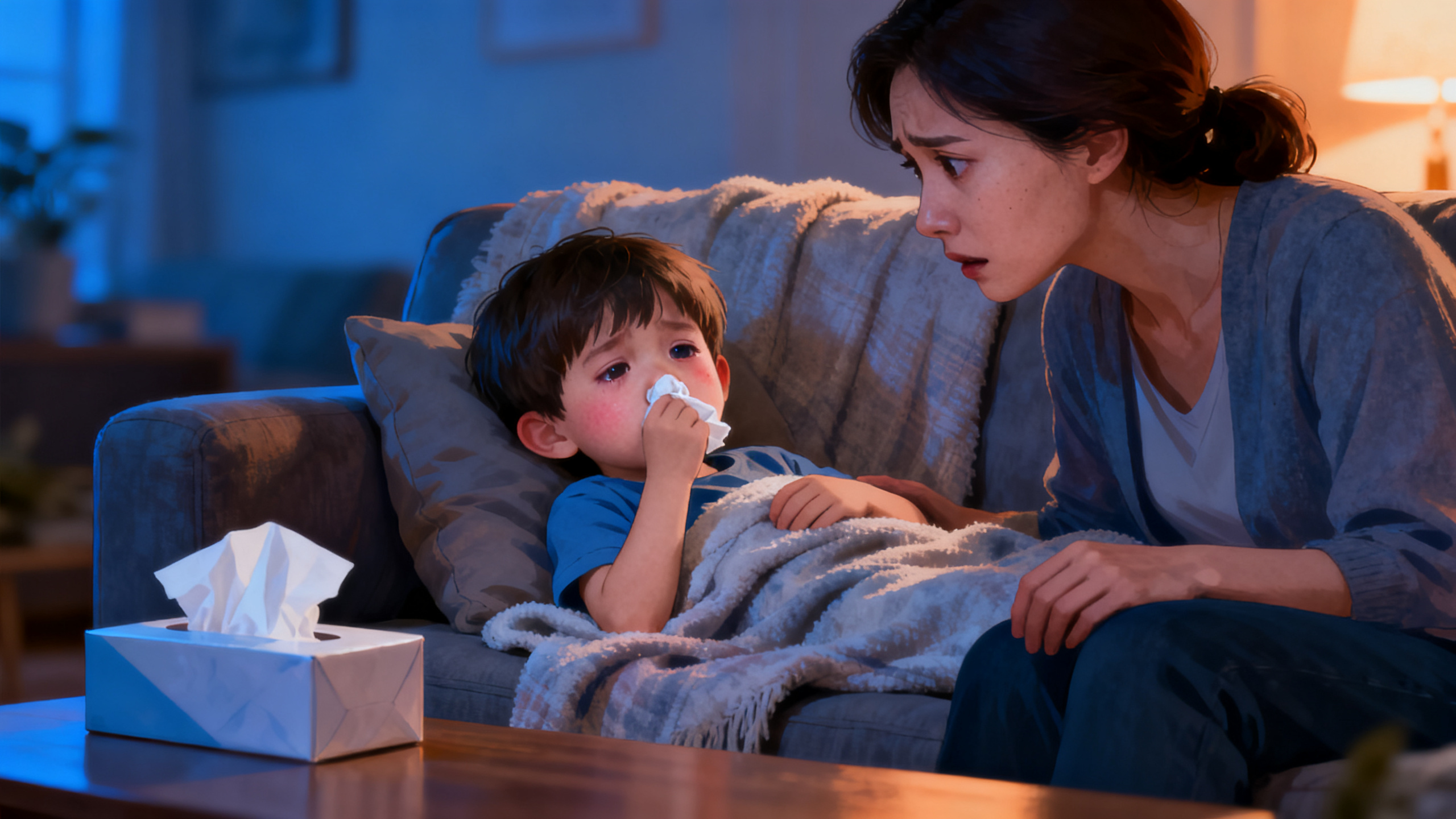 Enfant avec symptômes de sinusite : fièvre, nez bouché, écoulement nasal persistant