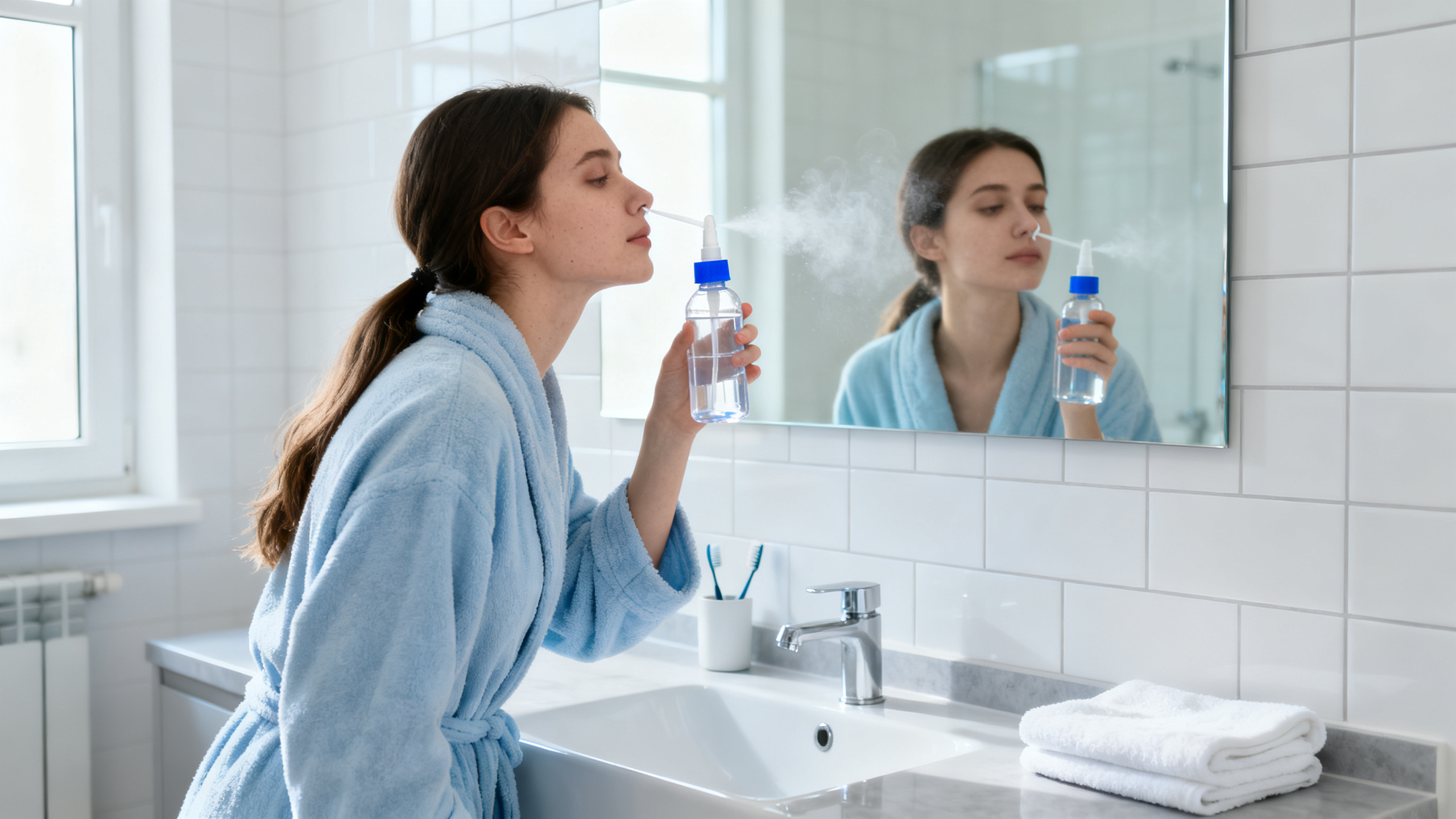Femme utilisant un spray nasal salin pour traiter la toux allergique et le drip post-nasal