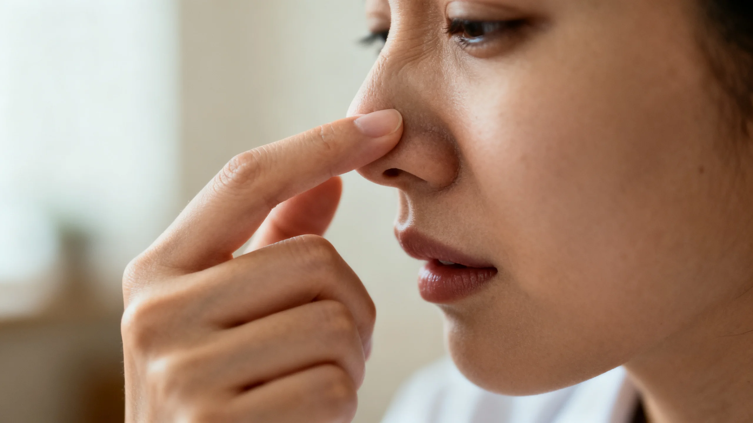 Personne se touchant le nez pour soulager les démangeaisons nasales